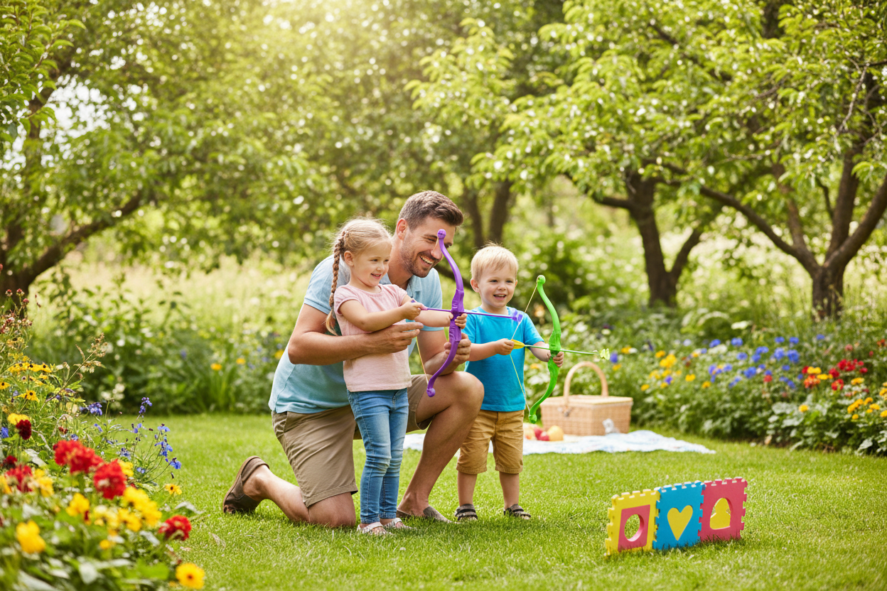 kids playing with his dad with  toy bow and arrow in the garden